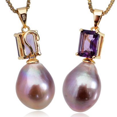 จี้เพตราเล็กพลอยแท้ Amethyst ทรงบาเก็ตห้อยไข่มุก Edison