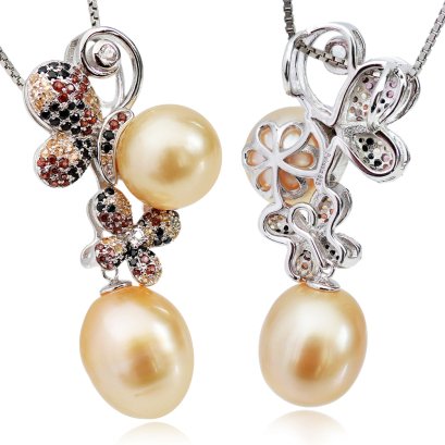 จี้ตะขอผีเสื้อทวินประดับพลอยแท้ ไข่มุก South Sea ทวิน