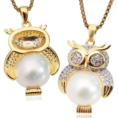 จี้นกฮูกใหญ่ประดับพลอยแท้ ไข่มุก Freshwater Pearl