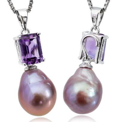 จี้เพตราเล็กพลอยแท้ Amethyst ทรงบาเก็ตห้อยไข่มุก Edison