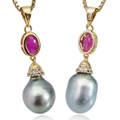 จี้ทับทิมทรงไข่ กรวยใหญ่ห้อยไข่มุก Tahitian Pearl สีเทา