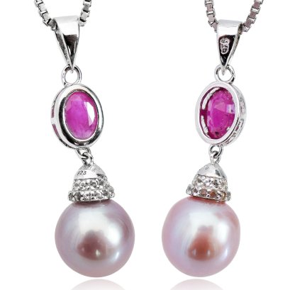 จี้ทับทิมทรงไข่ กรวยใหญ่ห้อยไข่มุก Freshwater Pearl