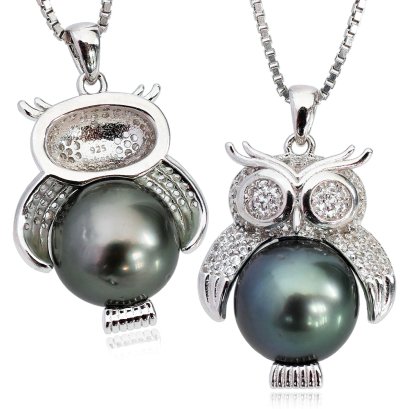จี้ "นกฮูกใหญ่ประดับพลอยแท้" ไข่มุก Tahitian Pearl สี Fancy