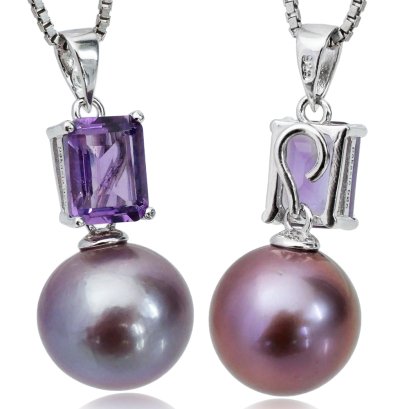 จี้เพตราเล็กพลอยแท้ Amethyst ทรงบาเก็ตห้อยไข่มุก Edison