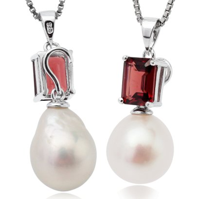 จี้เพตราเล็กพลอยแท้ Garnet ทรงบาเก็ตห้อยไข่มุก Freshwater