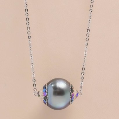 14.68 mm, Maki-e Tahitian Pearl, Solitaire Pearl Pendant with Chain Necklace
