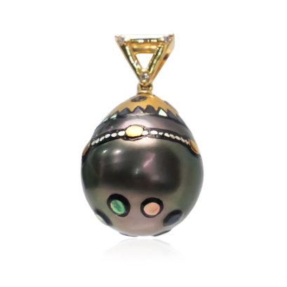 14.36 mm, Maki-e Tahitian Pearl, Solitaire Pearl Diamond Pendant