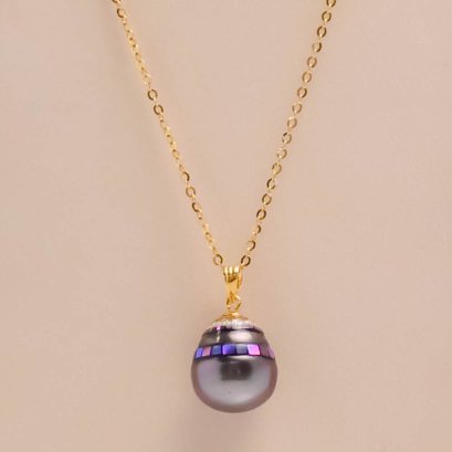 11.78 mm, Maki-e Tahitian Pearl, Solitaire Pearl Pendant with Chain Necklace