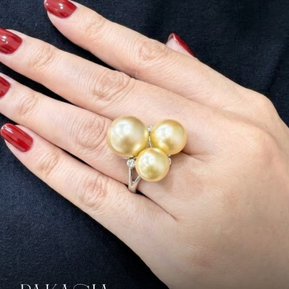 Approx. 10.0 - 13.0 mm, Gold South Sea Pearl, Trio Pearl  Moissanite Ring