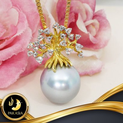 ต่างหูบันยันทรี (Banyan Tree) ไข่มุกตาฮิติน้ำเค็มคัดเกรด สีเทา-ฟ้า ทรงเกือบกลม ขนาด 14.38 mm เกรด AA+ Luster ดีเยี่ยม (Excellent) ตัวเรือนจี้บันยันทรี เงินแท้ 92.5 ชุบทอง ประดับพลอยแท้ White Topaz