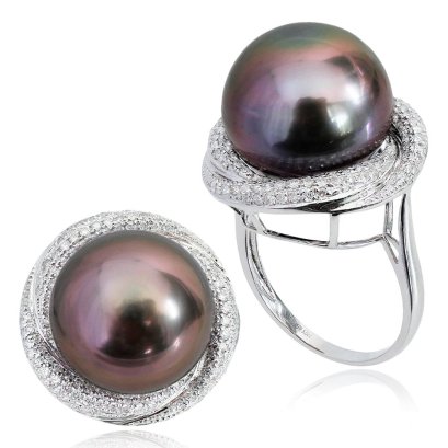 (GIA) 15.11 mm, Tahitian Pearl, Solitaire Pearl Diamond Ring