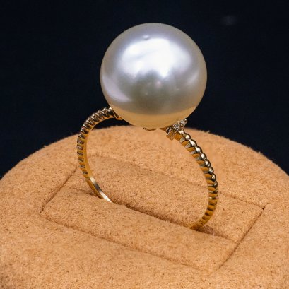 12.53 mm, Gold South Sea Pearl, Solitair Pearl Diamond Ring