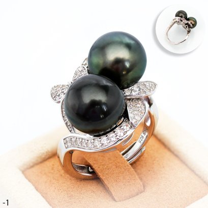 Approx. 11.0 mm, Tahitian Pearl, Twin Pearls Leaves White Zircon Ring