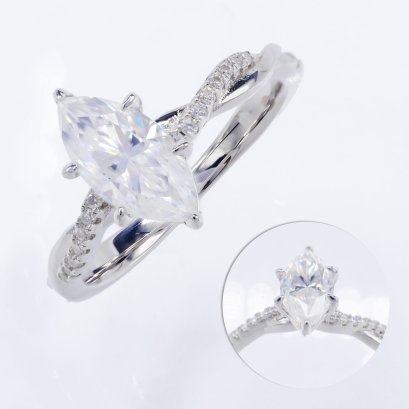 (GRA) Six Prongs Marquise Moissanite (1.0ct.) Solitaire Moissanite Spiral Shoulder Moissanite Paved Ring