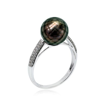 Approx. 9.56 mm, Tahitian Hanashinju Pearl, Solitaire Pearl Diamond Paved Ring