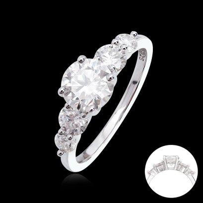 S925, Moissanite (RS, 6.5mm,1.0ct, D), Four Prongs Five Stones Round Brilliant Moissanite Ring