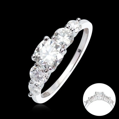 S925, Moissanite (CU, 5.5x5.5mm,0.8ct, D), Four Prongs Five Stones Cushion Moissanite Ring
