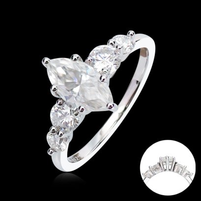 S925, Moissanite (MS, 5x10mm,1.0ct, D), Four Prongs Five Stones Marquise Moissanite Ring