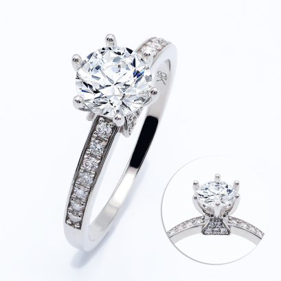 (IGI) 1.09 ct., Laboratory Grown Diamond (Round Brilliant, HPHT, 1.09 ct, D, VS 1), Six Prongs Solitaire Diamond Shoulder Diamond Paved Ring