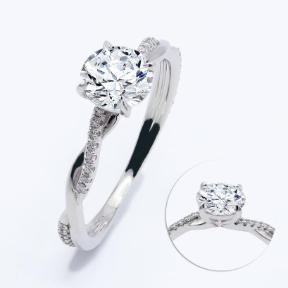 (IGI) 1.08 ct., Laboratory Grown Diamond (Round Brilliant, HPHT, 1.08 ct, D, VS 1), Four Prongs Solitaire Diamond Twisted Shoulder Diamond Paved  Ring