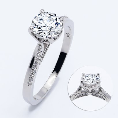 (IGI) 1.09 ct., Laboratory Grown Diamond (Round Brilliant, HPHT, 1.09 ct, D, VS 1), Four Prongs Solitaire Diamond Shoulder Diamond Paved Ring