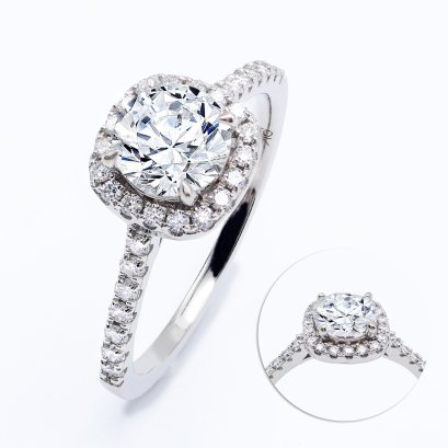 (IGI) 1.08 ct., Laboratory Grown Diamond (Round Brilliant, HPHT, 1.08 ct, D, VS 2), Four Prongs Halo Solitaire Diamond Shoulder Diamond Paved Ring