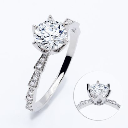 (IGI) 1.13 ct., Laboratory Grown Diamond (Round Brilliant, HPHT, 1.13 ct, D, VS 2), Six Prongs Flower Solitaire Diamond Shoulder Snake Scales Diamond Paved Ring