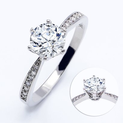 (IGI) 1.08 ct, Laboratory Grown Diamond (Round Brilliant, HPHT, 1.08 ct., D, VS 2), Six Prongs Solitaire Diamond Shoulder Diamond Paved Ring