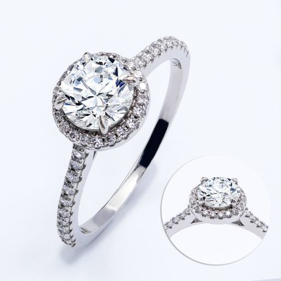 (IGI) 1.10 ct., Laboratory Grown Diamond (Round Brilliant, HPHT, 1.10 ct, D, VS 2), Four Prongs Halo Solitaire Diamond Shoulder Diamond Paved Ring