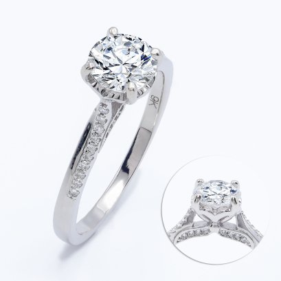(IGI) 1.09 ct., Laboratory Grown Diamond (Round Brilliant, HPHT, 1.09 ct, D, VS 1), Four Prongs Solitaire Shoulder Diamond Pave Ring