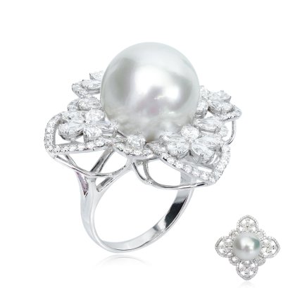 13.96 mm, White South Sea Pearl, Winter Flower Diamond Paved Pearl Ring