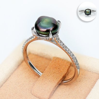 7.37 mm, Keshi Tahitian Pearl, Four Prongs Diamond Ring