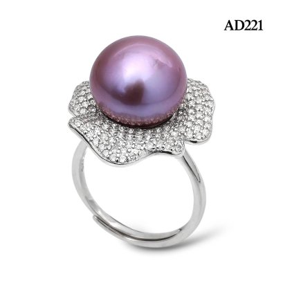 Approx. 12.0 mm, Edison Pearl, Solitaire Pearl Leaf Halo CZ Paved Ring