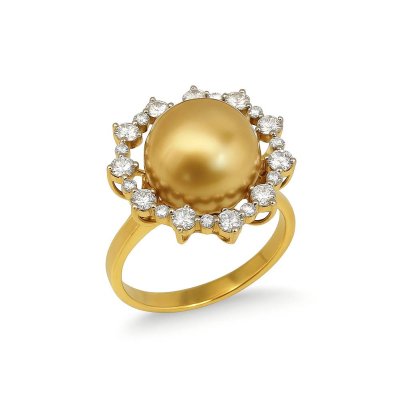 11.57 mm, Oriental Odyssey Lot, Gold South Sea Pearl, "Luminous Love" Heart Diamond Cocktail Solitaire Pearl Ring