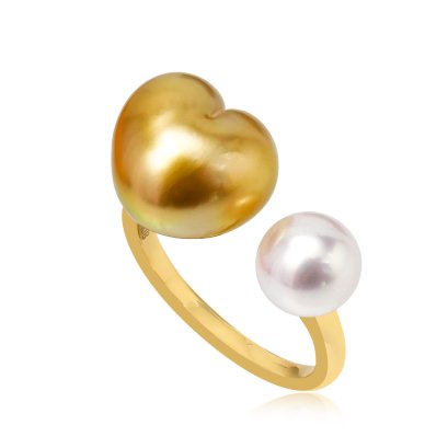 7.28 mm and 12.13 mm, Akoya and Heart Shaped Gold South Sea Pearl, Duo Pearl Open Ring