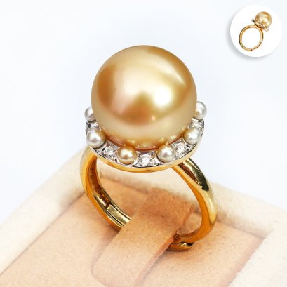13.90 mm, Oriental Odyssey Lot, Gold South Sea Pearl, Cocktail Pearl and Diamond Ring