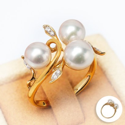 Approx. 6.2 - 6.8 mm, Akoya Pearl, Triple Pearl Leaves Diamond Ring