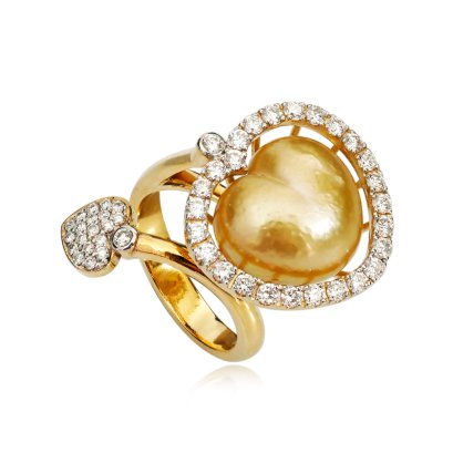 13.63 mm, Heart Shaped Pearl, Gold South Sea Pearl, "Luminous Love" Diamond Open Ring