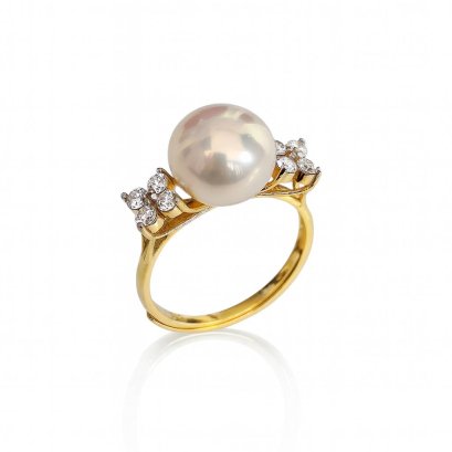 10.59 mm, Edison Pearl, Pearl Diamond Twin Flower Ring