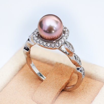 7.67 mm, Freshwater Pearl, Halo Diamond, Solitaire Pearl Ring