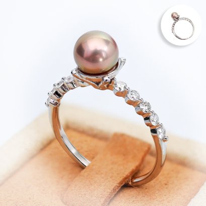 6.96 mm, Pearl Candy, Freshwater Pearl, Solitaire Pearl, Shoulder Five Stones Diamond Ring