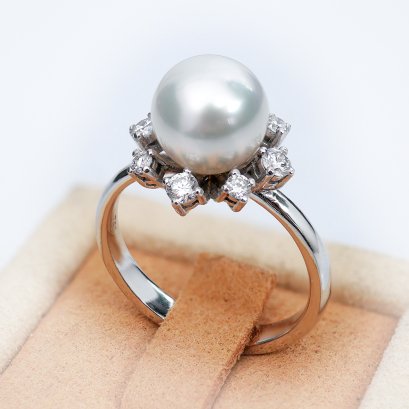 8.58 mm, White South Sea Pearl, Sun Ray Diamond Pearl Ring