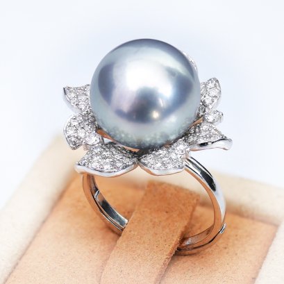 12.70 mm, Gray Feline Lot, Tahitian Pearl, Flower Diamond Paved, Solitaire Pearl, Ring