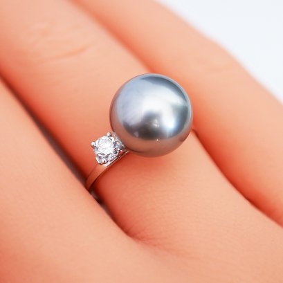 Approx. 10.0 mm, Gray Feline, Tahitian Pearl, Seesaw Pearl & Diamond Ring