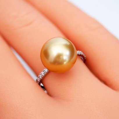 11.56 mm, Oriental Odyssey Lot, Gold South Sea Pearl, Solitaire Pearl, Shoulder Lab Grown Diamond Paved Ring