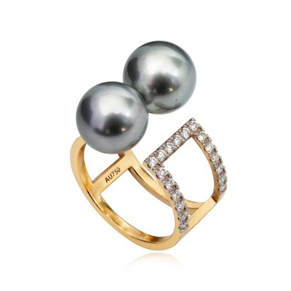 9.99 mm and 9.53 mm, Tahitian Pearl, Duo Pearl Double Line Diamond Paved Open Ring