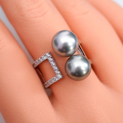 9.59 mm and 9.96 mm, Gray Feline Lot, Tahitian Pearl, Duo Pearl Double Line Diamond Paved Open Ring