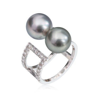 9.59 mm and 9.96 mm, Gray Feline Lot, Tahitian Pearl, Duo Pearl Double Line Diamond Paved Open Ring