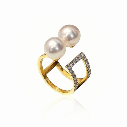 8.7 mm and 8.9 mm, Akoya Pearl, Duo Pearl, Parallel Bar Lab Grown Damond Paved Open Ring