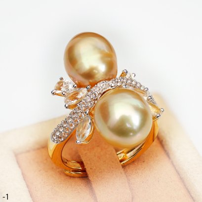 Approx. 10.0 - 11.0 mm, Gold South Sea Pearl, Twin Ring White Topaz Ring